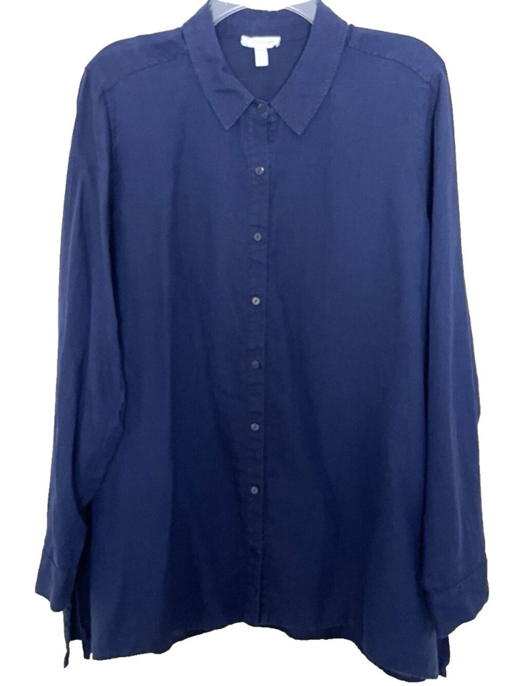 Eileen Fisher Shirt Size Medium Blue Organic Irish Linen Button Front Minimalist
